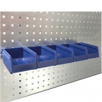 Workbench 1500x800, metal top 2,0 mm with shelf, perfo panel 1500x600, 10 bins