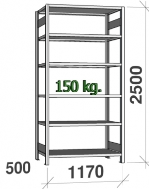 Varastohylly perusosa 2500x1170x500 150kg/hyllytaso,6 tasoa käytetty