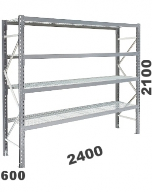 Metallihylly perusosa 2100x2400x600, 300kg/hyllytaso, 4 ritilatasoa