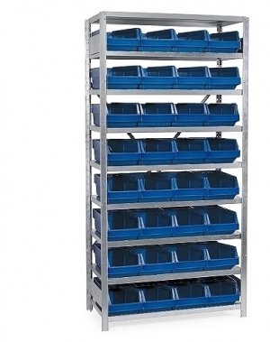 Small parts shelving 2100x1000x400, 32 bins 400x230x150 PPS used