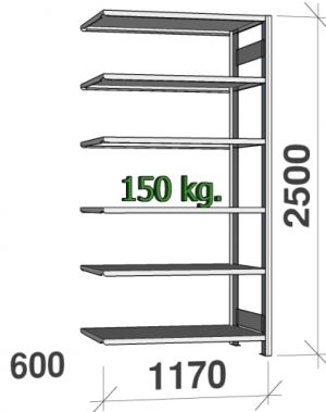 Varastohylly jatko-osa 2500x1170x600 150kg/hyllytaso,6 tasoa kaytetty