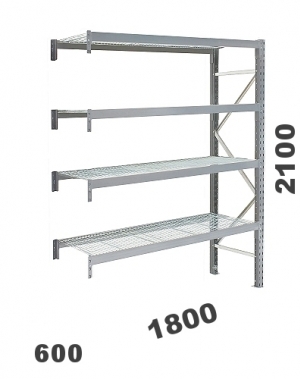 Metallihylly jatko-osa 2100x1800x600, 480kg/hyllytaso, 4 ritilatasoa