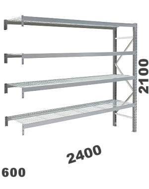 Metallihylly jatko-osa 2100x2400x600, 300kg/hyllytaso, 4 ritilatasoa